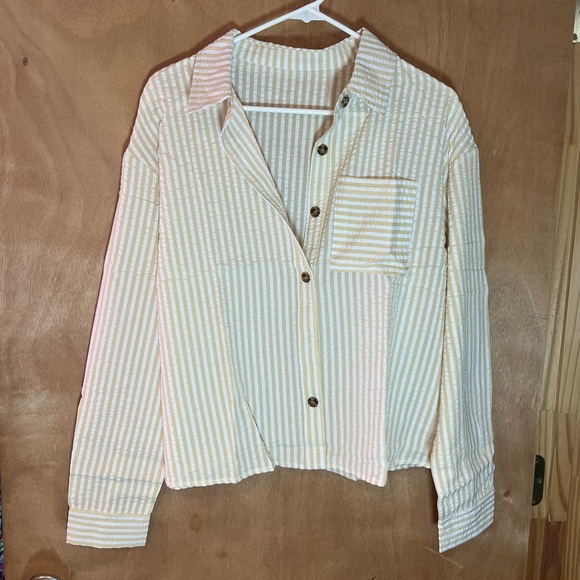 Tan and White Striped Collared Button Down Top - Picture 5 of 7
